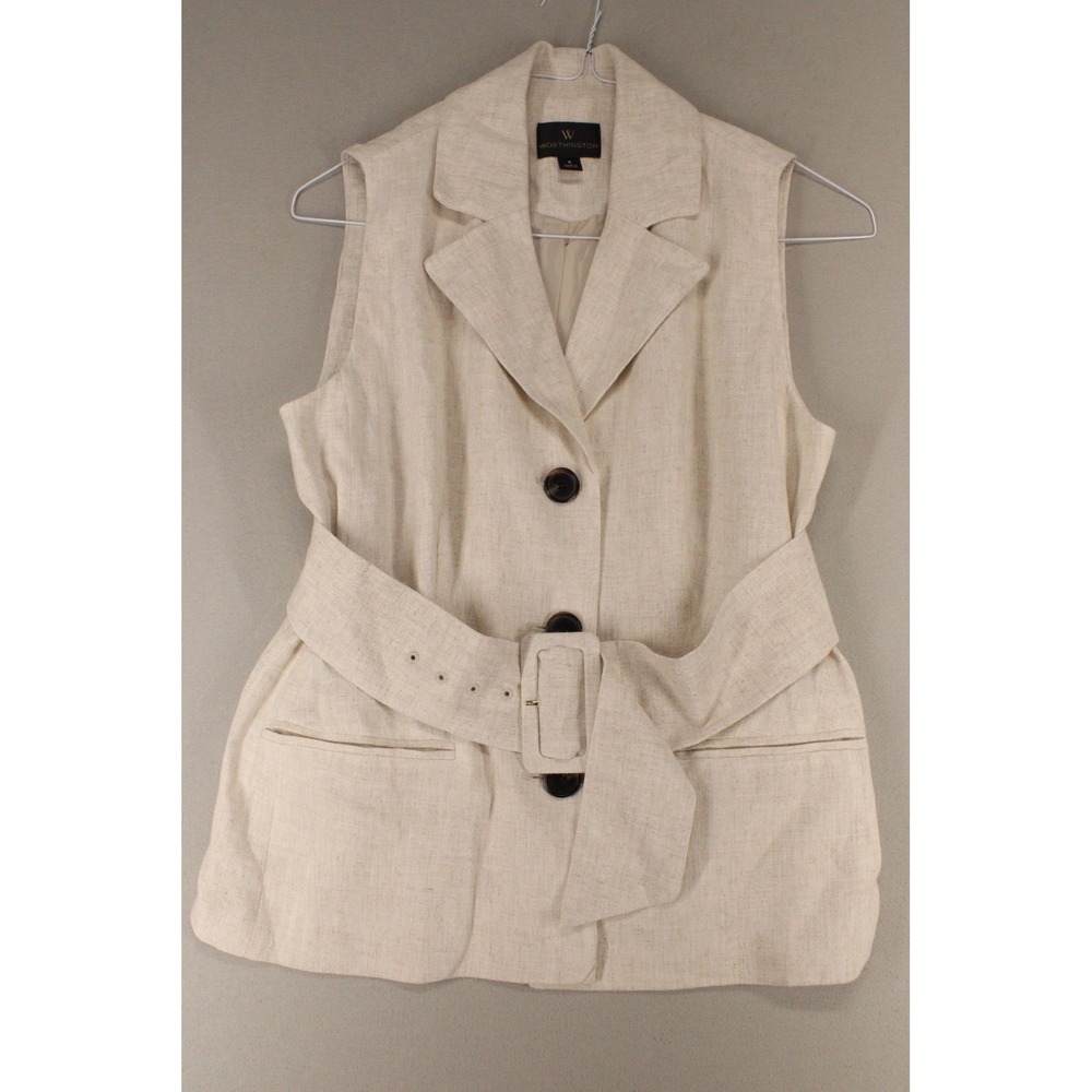 Worthington Blazer Vest Womens S Beige Belted Sleeveless Professional